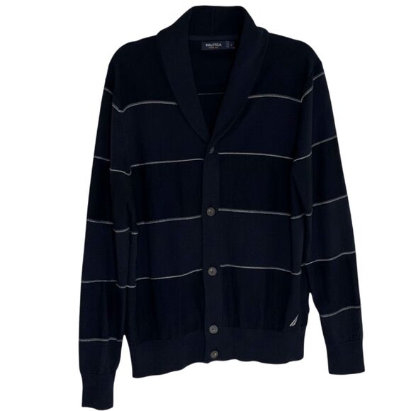 Nautica Other - Nautica Mens Shawl Neck Cardigan Sweater Button Front Stripe Blue L bv